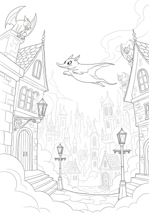 Zero the ghost dog flying through a gothic cityscape with crooked buildings, glowing lamp posts, and swirling fog in the style of a whimsical nightmare