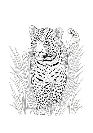 A playful leopard cub stalking through tall grass with intricate spots and a curious expression