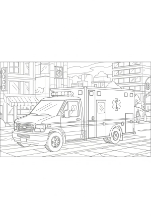 A detailed side view of an ambulance driving down a city street with flashing lights on the roof.