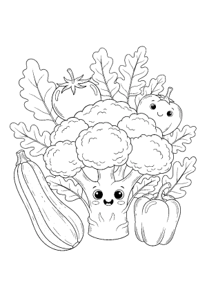 A cute and detailed illustration of a broccoli with friendly eyes and a big smile, surrounded by leafy branches and other vegetables.