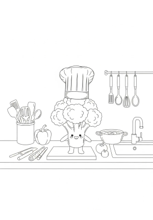 An adorable scene featuring a happy broccoli character wearing a chef's hat, standing on a kitchen counter with utensils and other produce nearby.