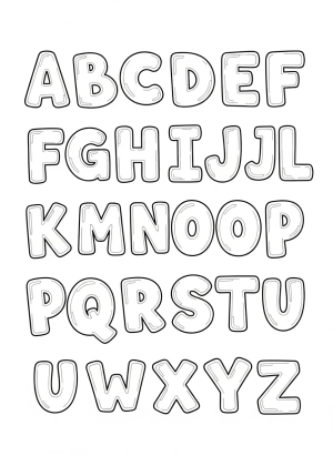 A set of bold, cartoon-style bubble letters with exaggerated rounded edges and hollow centers, designed for coloring in a lively, artistic style.