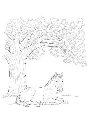 A serene image of a young colt peacefully resting under a large oak tree, with gentle rays of sunlight filtering through the leaves.