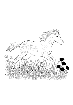 A lively scene of a playful colt running through a lush green meadow with wildflowers.