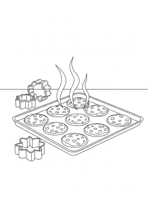 A whimsical scene featuring a tray of freshly baked cookies with steam rising and cookie cutters nearby
