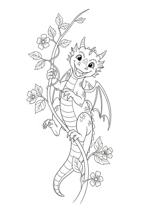 A playful young dragon with a mischievous grin, climbing a twisting vine with leaves and flowers, showcasing its tiny claws and cheerful expression