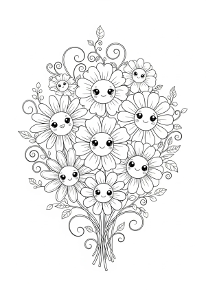 A whimsical bouquet of adorable, smiling flowers with big eyes and curly petals, surrounded by delicate vines and tiny leaves.