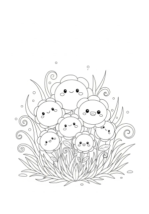A charming scene of a cluster of cute, chubby flowers with rounded petals and playful faces, set amidst swirling grass and lovely tendrils.