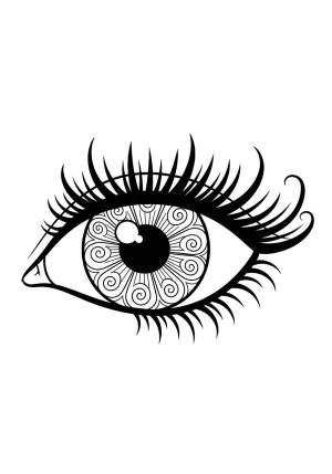 A stylized, whimsical eye with decorative swirling patterns surrounding the iris and bold, curly eyelashes
