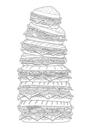 A whimsical scene featuring a towering stack of different types of delicious, open-faced sandwiches with layers of fillings and garnishes