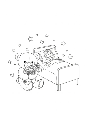 A cheerful scene of a cute teddy bear holding a bunch of flowers sitting next to a cozy bed with a smiling patient resting, surrounded by gentle stars and hearts
