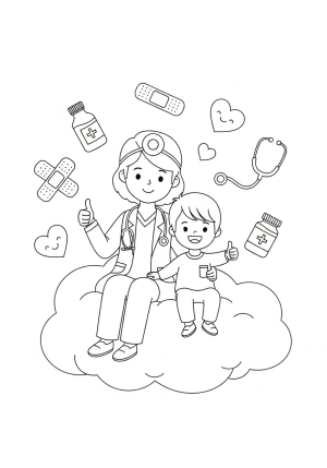 A whimsical image of a friendly doctor and a happy child giving a thumbs-up while sitting on a cloud, with medical supplies and cheerful elements floating around