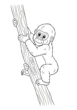 A playful scene of a young gorilla climbing a tree branch, with expressive facial features and intricate tree bark textures