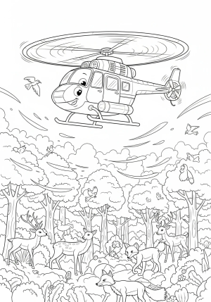 A playful scene of a cartoon-style rescue helicopter hovering above a forest with trees and wildlife