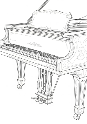 A detailed line drawing of a grand piano with keys and ornate details incorporated into the design