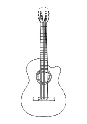 An intricate illustration of a classical guitar with detailed strings, frets, and decorative elements