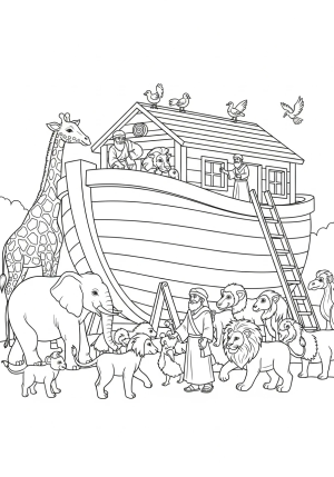 An illustration of Noah building the ark with animals gathering around in a busy scene.