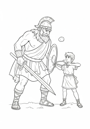 David confidently facing Goliath with a sling in his hand and a determined expression on his face.