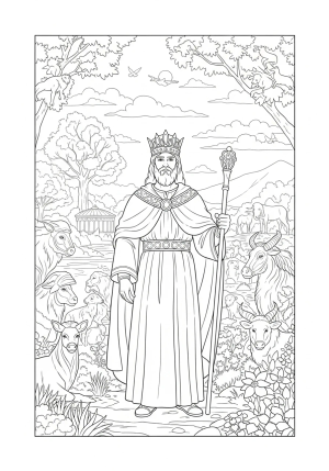 A majestic scene of King Solomon with his crown and royal robes, holding a scepter, standing amidst a lush garden with animals and biblical symbols.