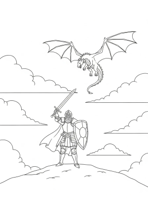 A brave knight in shining armor wielding a sword stands victorious on a hill with a majestic dragon soaring in the cloudy sky