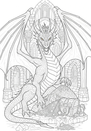 A fierce dragon with large wings and sharp claws guarding a treasure hoard inside a mysterious castle dungeon