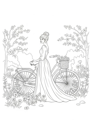 A graceful lady in a flowing dress standing beside a vintage bicycle in a spring garden