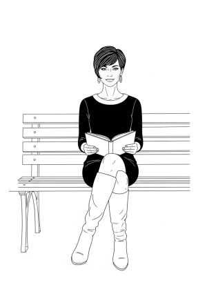 A confident woman dressed in stylish attire, sitting on a park bench with a book in her lap