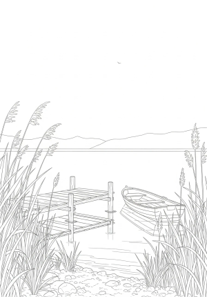 A serene lakeside scene featuring a small wooden dock, a floating rowboat, and tall reeds swaying in the breeze