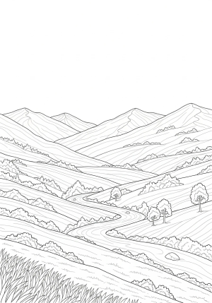 A peaceful mountain landscape with rolling hills, a winding river, and scattered trees under a clear sky