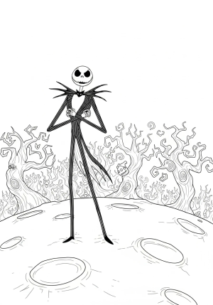 Jack Skellington standing heroically atop the moon with a whimsical, spooky forest in the background