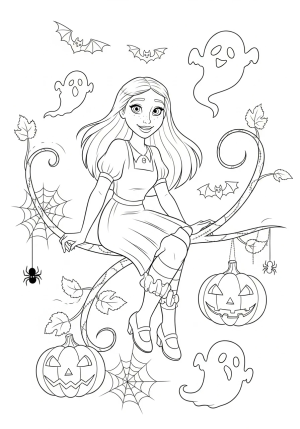 Sally sitting on a twisted vine with stitched details, surrounded by quirky Halloween-themed elements