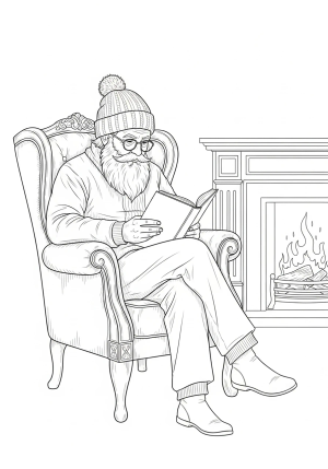 An elderly man with a long white beard wearing a cozy knit hat and glasses, sitting in a vintage armchair reading a book, with a warm fireplace in the background