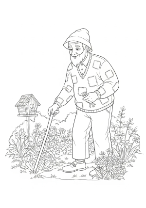 A wise old man with a gentle smile, dressed in a traditional patchwork sweater and trousers, tending to a garden with blooming flowers and a birdhouse nearby