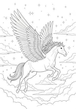 A majestic Pegasus soaring through a sky filled with fluffy clouds and shimmering stars, with detailed feathered wings spread wide.