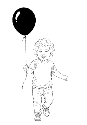 A joyful child with curly hair playing in a park, wearing casual clothes and holding a balloon, with a big smile on their face