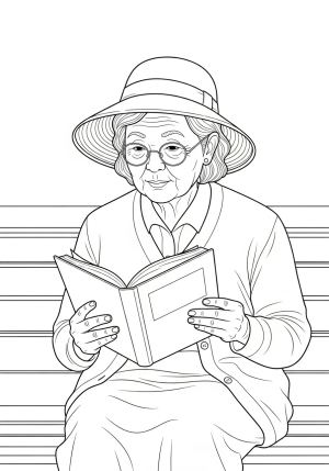 An elderly person sitting on a park bench, reading a book, wearing glasses and a hat, with a peaceful expression