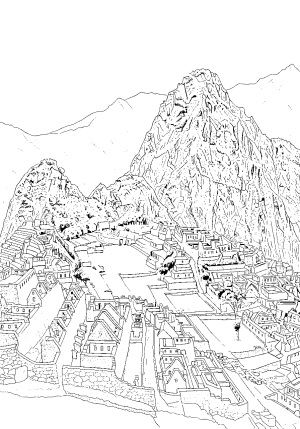 A detailed illustration of Machu Picchu nestled among lush mountains and terraced fields, capturing its ancient stone structures and dramatic landscape