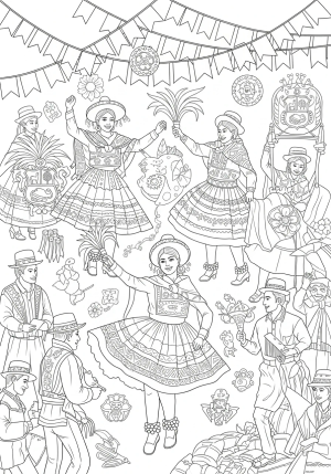 A vibrant scene of Peruvian traditional dancers in elaborate costumes performing during a festive celebration, surrounded by decorative patterns and cultural symbols