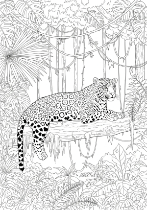 A vibrant scene of a jaguar resting on a tree branch surrounded by lush rainforest foliage and hanging vines