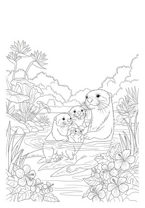 A playful family of otters swimming among river plants and colorful tropical flowers in a rainforest river