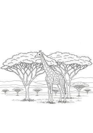 A graceful giraffe standing tall among acacia trees with a sprawling savanna in the background