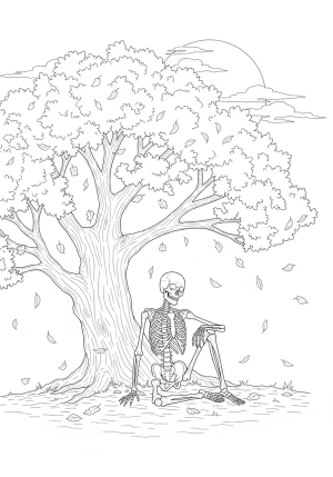 A detailed skeleton sitting peacefully under a tree, surrounded by falling leaves and a moonlit sky