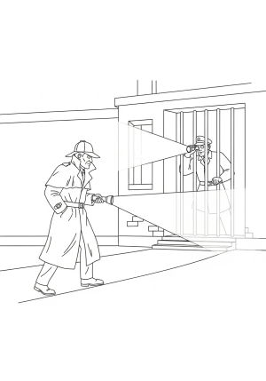 A classic spy scene featuring a mysterious figure in a trench coat and wide-brimmed hat, sneaking past a guarded building with a flashlight