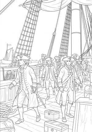 A detailed scene of colonial American patriots dressed in 18th-century clothing quietly sneaking onto a ship at night, preparing to throw tea chests into the harbor