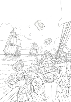 A lively depiction of a ship's deck with colonists throwing tea chests overboard while schooner sails flutter in the background, capturing the chaos and excitement of the event