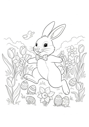 A playful Easter Bunny wearing a bow tie, hopping through a garden filled with tulips, daffodils, and scattered Easter eggs