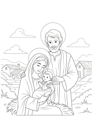 The Holy Family sitting together in a peaceful rural setting, with Mary holding baby Jesus and Joseph smiling warmly behind them.