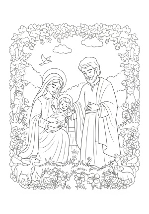 The Holy Family in a joyful scene, surrounded by flowers and animals, with Mary and Joseph gently guiding baby Jesus in a garden.