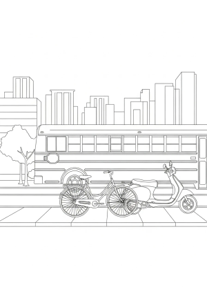 A busy city street with a school bus, a bicycle, and a scooter parked along the sidewalk