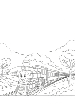 A cheerful train chugging through a countryside landscape with trees and small hills